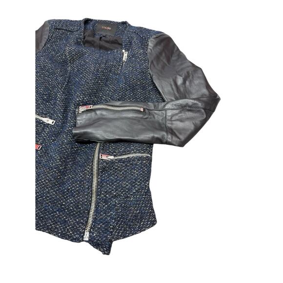 Maje Black Tweed Leather Sleeve Moto Zip Jacket FR 38 US 6 Chic Parisian Style - Picture 5 of 12